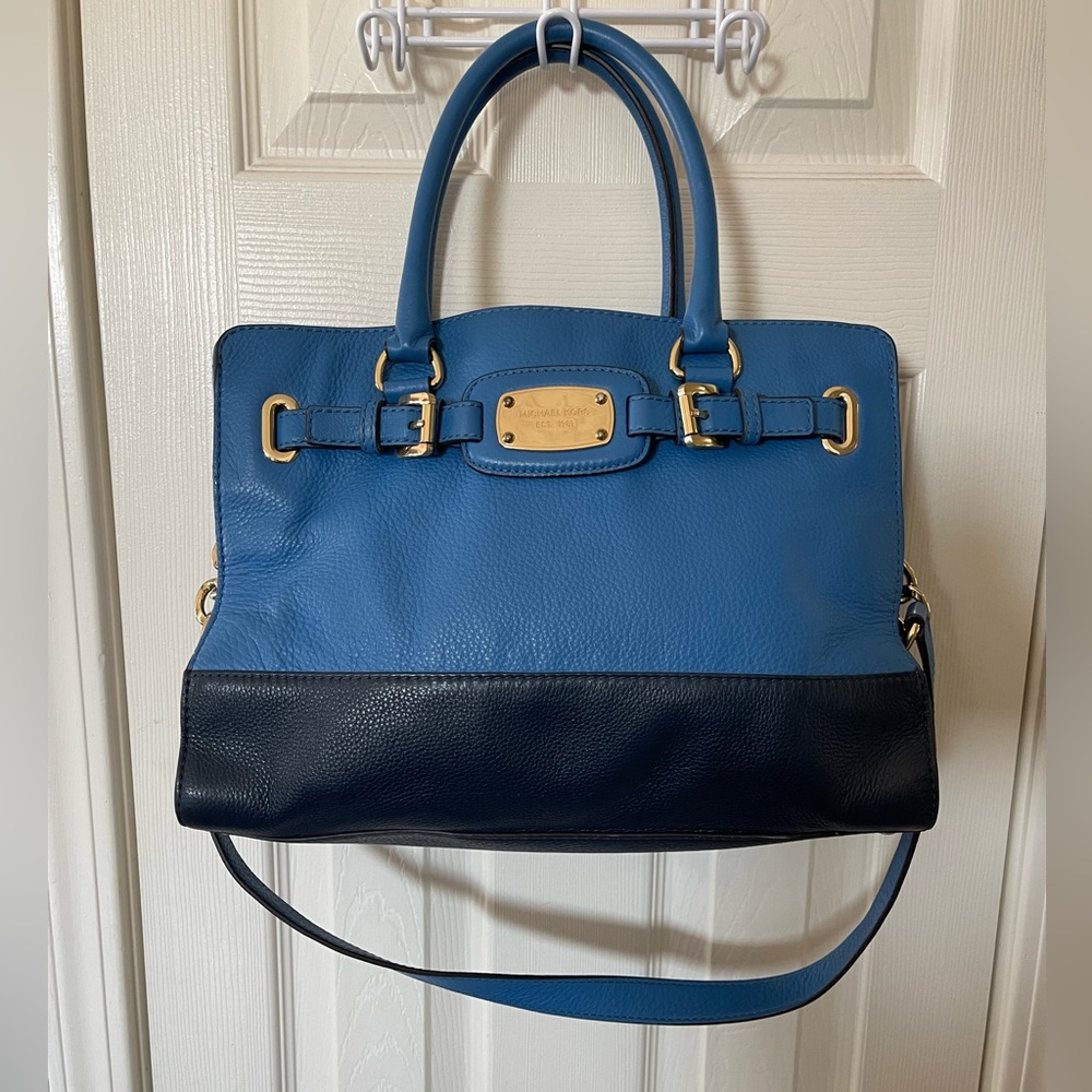 Michael Kors Hamilton Navy & Light Blue Large Leather Satchel Shoulder Bag